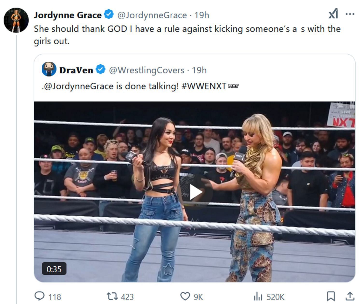 Screenshot of Jordynne Grace's tweet (Photo Credit: Jordynne Grace on X)